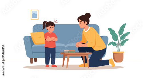 Modern vector illustration of child expressing anger while parent calmly listens. Healthy communication and emotional support parenting concept for child mental wellbeing