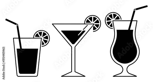 Cocktail Glasses with Drinks and Lemon Vector Illustration