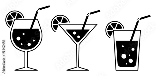 Cocktail Glasses with Drinks and Straws Vector Illustration