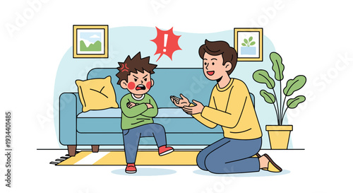 Modern vector illustration of child expressing anger while parent calmly listens. Healthy communication and emotional support parenting concept for child mental wellbeing