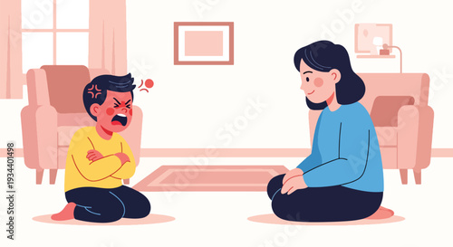 Modern vector illustration of child expressing anger while parent calmly listens. Healthy communication and emotional support parenting concept for child mental wellbeing