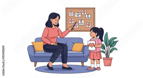 Modern vector illustration of mother teaching child gratitude and kindness. Character education and positive parenting concept for emotional and social development