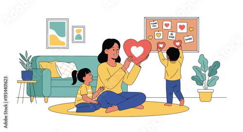 Modern vector illustration of mother teaching child gratitude and kindness. Character education and positive parenting concept for emotional and social development