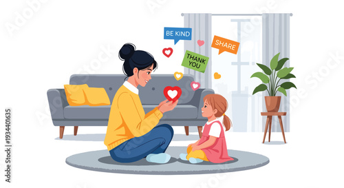 Modern vector illustration of mother teaching child gratitude and kindness. Character education and positive parenting concept for emotional and social development