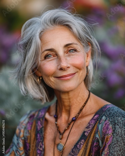 Authentic Joy: A Serene Portrait of a Silver-Haired Woman generated by AI