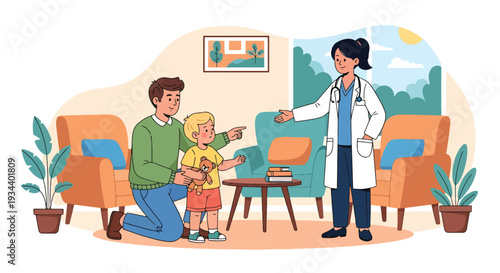 Modern vector illustration of father helping child overcome fear of doctor visit. Healthcare emotional support and positive parenting concept for child confidence and wellbeing