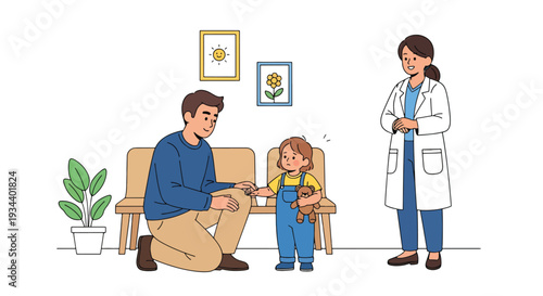 Modern vector illustration of father helping child overcome fear of doctor visit. Healthcare emotional support and positive parenting concept for child confidence and wellbeing