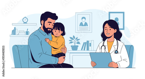Modern vector illustration of father helping child overcome fear of doctor visit. Healthcare emotional support and positive parenting concept for child confidence and wellbeing