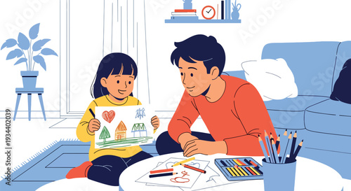Modern vector illustration of child proudly showing drawing to parent. Creative development and supportive parenting concept for confidence and emotional growth