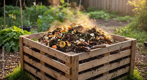 Wooden compost bin with organic waste in a green garden environment