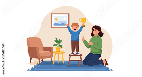 Modern vector illustration of parent and child celebrating small achievement with trophy icon. Confidence building and motivation parenting concept for childhood growth