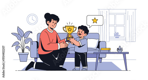 Modern vector illustration of parent and child celebrating small achievement with trophy icon. Confidence building and motivation parenting concept for childhood growth