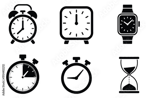 Time measurement icon set, timing devices symbols, classic alarm clock, analog wall clock, stopwatch, sandglass hourglass vector illustration.