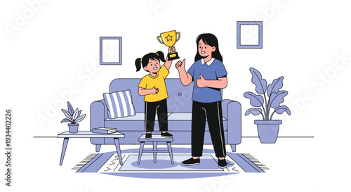 Modern vector illustration of parent and child celebrating small achievement with trophy icon. Confidence building and motivation parenting concept for childhood growth