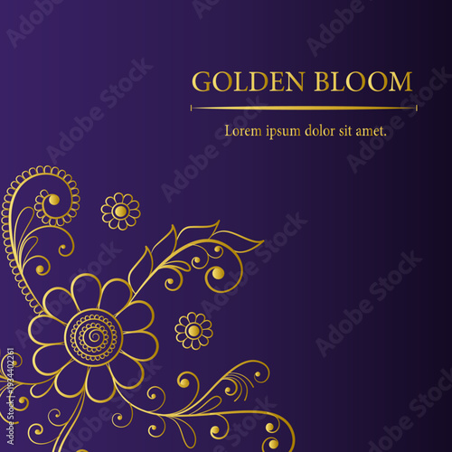 Elegant Gold Floral Mandala on Dark Purple. Ornate Vector Design with copy space is Perfect for Luxury Branding, Wedding Invitations, Premium Packaging, and Greeting Cards.