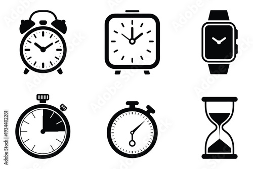 Time measurement icon set, timing devices symbols, classic alarm clock, analog wall clock, stopwatch, sandglass hourglass vector illustration.