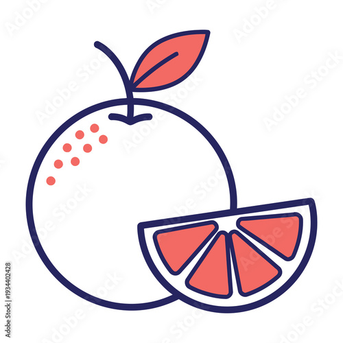 Fresh orange fruit with a vibrant slice reveals juicy segments and a leafy stem