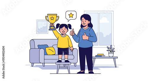 Modern vector illustration of parent and child celebrating small achievement with trophy icon. Confidence building and motivation parenting concept for childhood growth