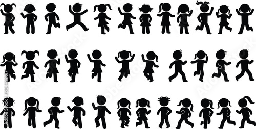 Black silhouettes of children running jumping and playing kids