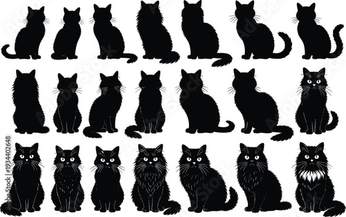 Collection of black cat silhouettes in seated positions, diverse fur textures and tail shapes, front and side views, creative vector illustration design