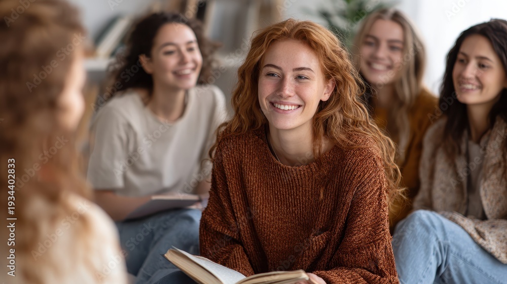 Obraz premium Happy group of diverse young women engaged in a joyful conversation while sitting in a cozy indoor setting, with one woman reading a book aloud