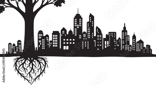 City Skyline with Tree Roots in Heart Shape Silhouette