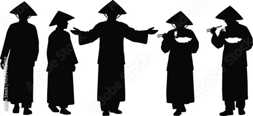 Black silhouettes of people wearing traditional asian conical hats and robes