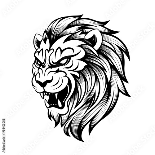 Fierce lion head with open mouth and sharp teeth