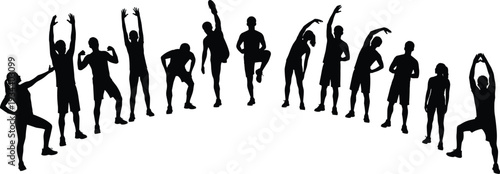 Black silhouettes of people stretching and exercising exercise fitness
