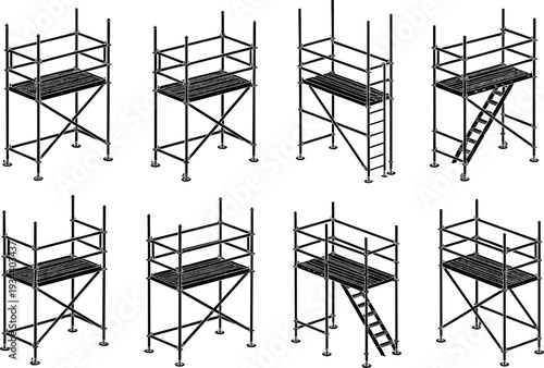 Construction scaffolding silhouette illustration, multiple scaffold configurations with ladders and platforms, industrial safety vector art, building support concept, worksite design