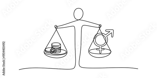 A line drawing of a stick figure holding a balance scale comparing money and gender symbols Vector, illustration