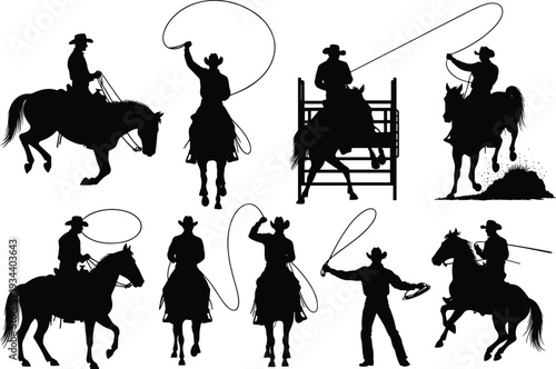 Cowboy silhouettes riding horses, swinging lassos, performing rodeo stunts, rearing horse action, traditional western ranch culture, dynamic American West vector illustration design