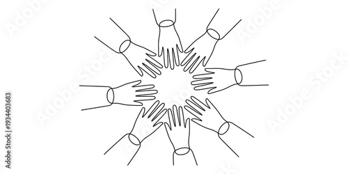 A black and white line drawing showing multiple hands reaching towards a central point to represent unity and teamwork. Vector, illustration
