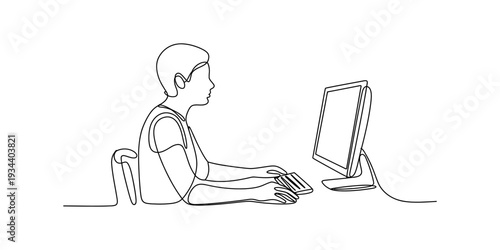 Continuous line drawing of a person sitting at a desk and using a computer for work or study Vector, illustration