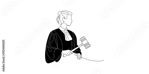A black and white line art illustration depicting a judge in judicial robes holding a gavel Vector, illustration
