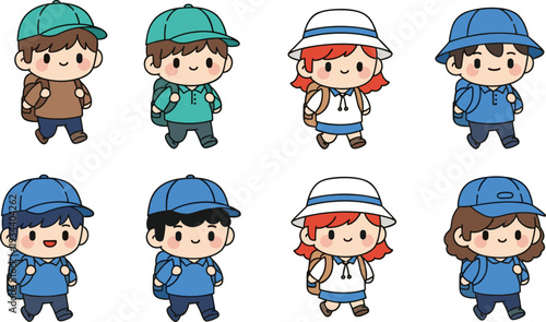 Cute collection of traveler kids characters wearing backpacks and hats walking for summer vacation school trip adventure and outdoor education camping concept