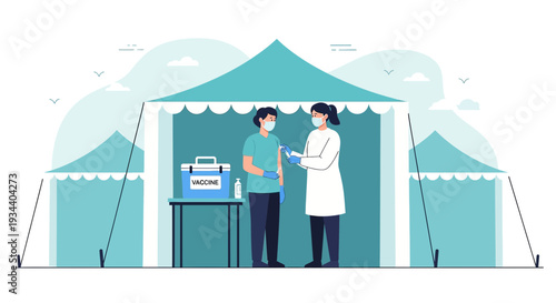 Doctor administering vaccine to patient at outdoor clinic tent, modern illustration