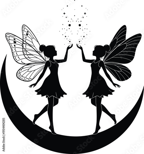 Black and white symmetrical silhouette illustration of two fairies standing on crescent moon with butterfly wings, conjuring magical stars, fantasy artistry, 