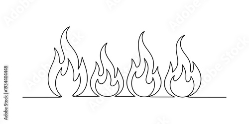 Continuous line drawing of multiple stylized flames, representing heat, passion, or danger on a white background Vector, illustration