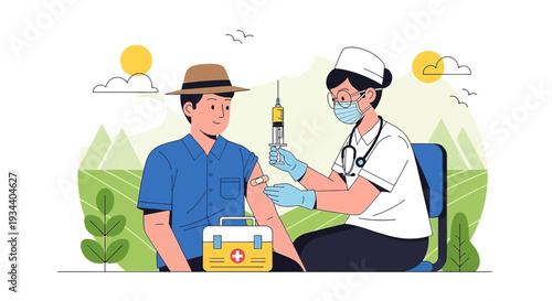 Doctor administering vaccine to person in rural setting illustration