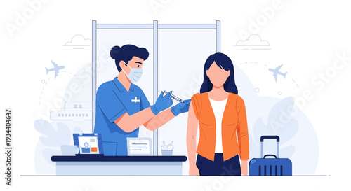 Doctor Administering Vaccine to Woman at Airport for Travel Health