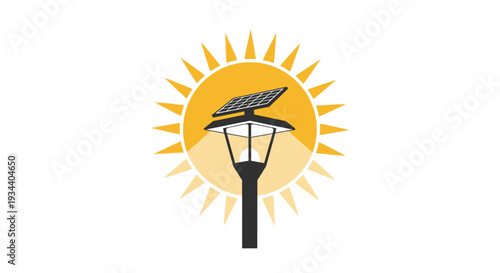 Solar powered garden street lamp with sun rays, renewable outdoor lighting concept illustration, eco friendly landscape light design, sustainable energy street light icon, green technology illuminatio
