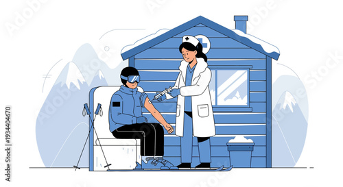 Doctor Administering Vaccine to Skier Outside Snowy Cabin