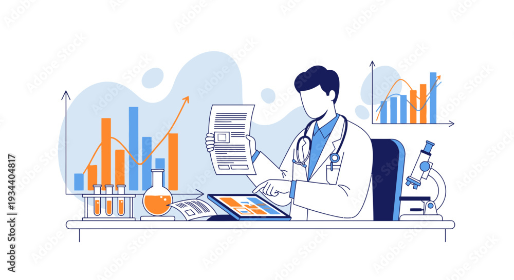 Obraz premium Doctor Analyzing Medical Data with Charts and Lab Equipment