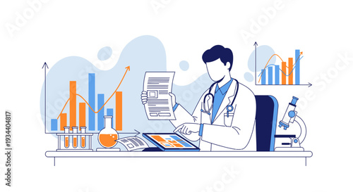 Doctor Analyzing Medical Data with Charts and Lab Equipment