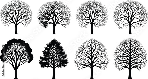 Collection of eight diverse tree silhouette illustrations showcasing unique branching patterns and canopy styles, representing nature diversity, forest design, and botanical art inspiration