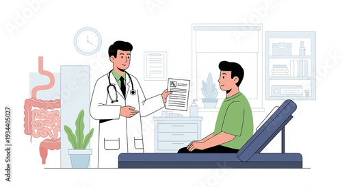Doctor Consulting Patient in Medical Office with Digestive System Illustration