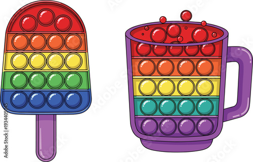 Colorful rainbow pop it fidget toy set in popsicle and coffee mug shapes for stress relief sensory play and autism therapy tool concept