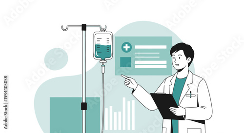 Doctor Explaining IV Drip Infusion and Medical Data