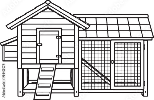 Farmer Chicken Coop Line Art Vector